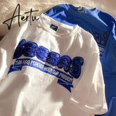 Retro Klein Blue Flocking Embroidery T Shirts Fashion Preppy Oversized Short Sleeve Tops Summer Large 3XL Casual Men Women Aiertu