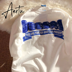 Retro Klein Blue Flocking Embroidery T Shirts Fashion Preppy Oversized Short Sleeve Tops Summer Large 3XL Casual Men Women Aiertu