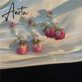 Retro Natural Real Flower Eternal Flower Earrings Niche Design Sense Freshwater Pearl Femaleaint For Women Long Earrings Jewelry Aiertu