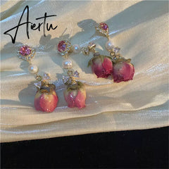 Retro Natural Real Flower Eternal Flower Earrings Niche Design Sense Freshwater Pearl Femaleaint For Women Long Earrings Jewelry Aiertu