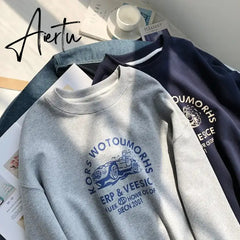 Retro Printed Round Neck Sweatshirt Long Sleeved T Shirt Men and Women New Fashion Casual Loose All Match Pullover Oversized Top Aiertu