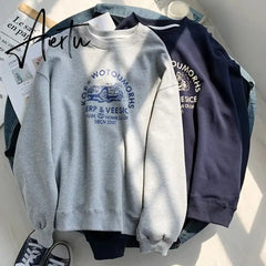 Retro Printed Round Neck Sweatshirt Long Sleeved T Shirt Men and Women New Fashion Casual Loose All Match Pullover Oversized Top Aiertu