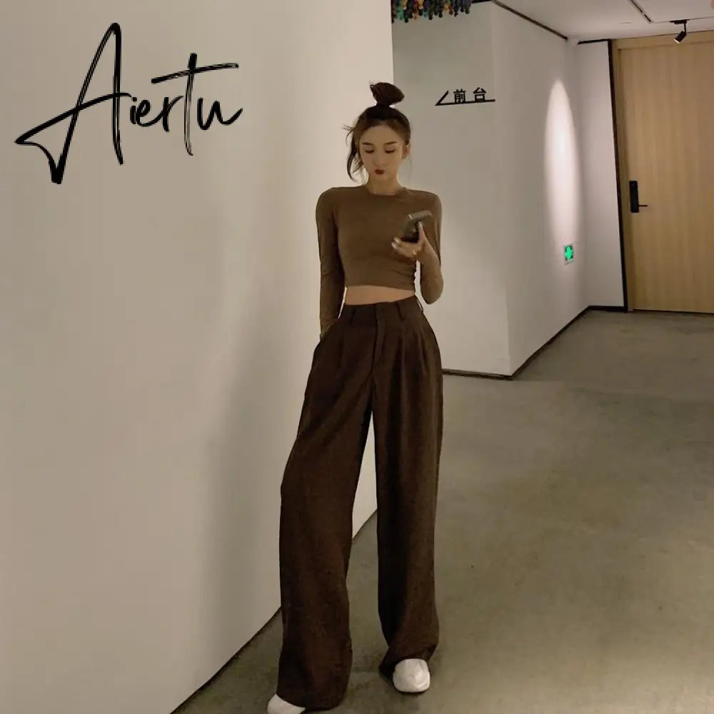 Retro Solid Color Wild Straight Wide Leg Pants Female Spring New Korean Fashion High Waist Casual Long Pants Aiertu