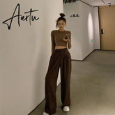 Retro Solid Color Wild Straight Wide Leg Pants Female Spring New Korean Fashion High Waist Casual Long Pants Aiertu