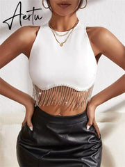 Rhinestone Tasseled Summer Crop Tops Women Chic Sleeveless Crew Neck Tank Tops Club Party Streetwear Sexy Vest Tops Aiertu