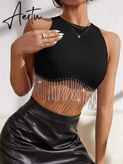 Rhinestone Tasseled Summer Crop Tops Women Chic Sleeveless Crew Neck Tank Tops Club Party Streetwear Sexy Vest Tops Aiertu