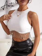 Rhinestone Tasseled Summer Crop Tops Women Chic Sleeveless Crew Neck Tank Tops Club Party Streetwear Sexy Vest Tops Aiertu