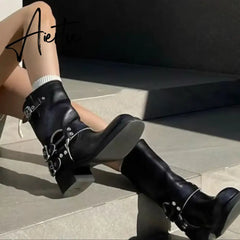 Rimocy Fashion Buckle Motorcycle Boots Women Round Toe Med Heels Ankle Boots Woman Pu Leather Square Heel Autumn Booties Aiertu