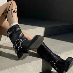 Rimocy Fashion Buckle Motorcycle Boots Women Round Toe Med Heels Ankle Boots Woman Pu Leather Square Heel Autumn Booties Aiertu