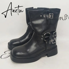 Rimocy Fashion Buckle Motorcycle Boots Women Round Toe Med Heels Ankle Boots Woman Pu Leather Square Heel Autumn Booties Aiertu