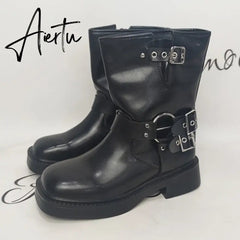 Rimocy Fashion Buckle Motorcycle Boots Women Round Toe Med Heels Ankle Boots Woman Pu Leather Square Heel Autumn Booties Aiertu