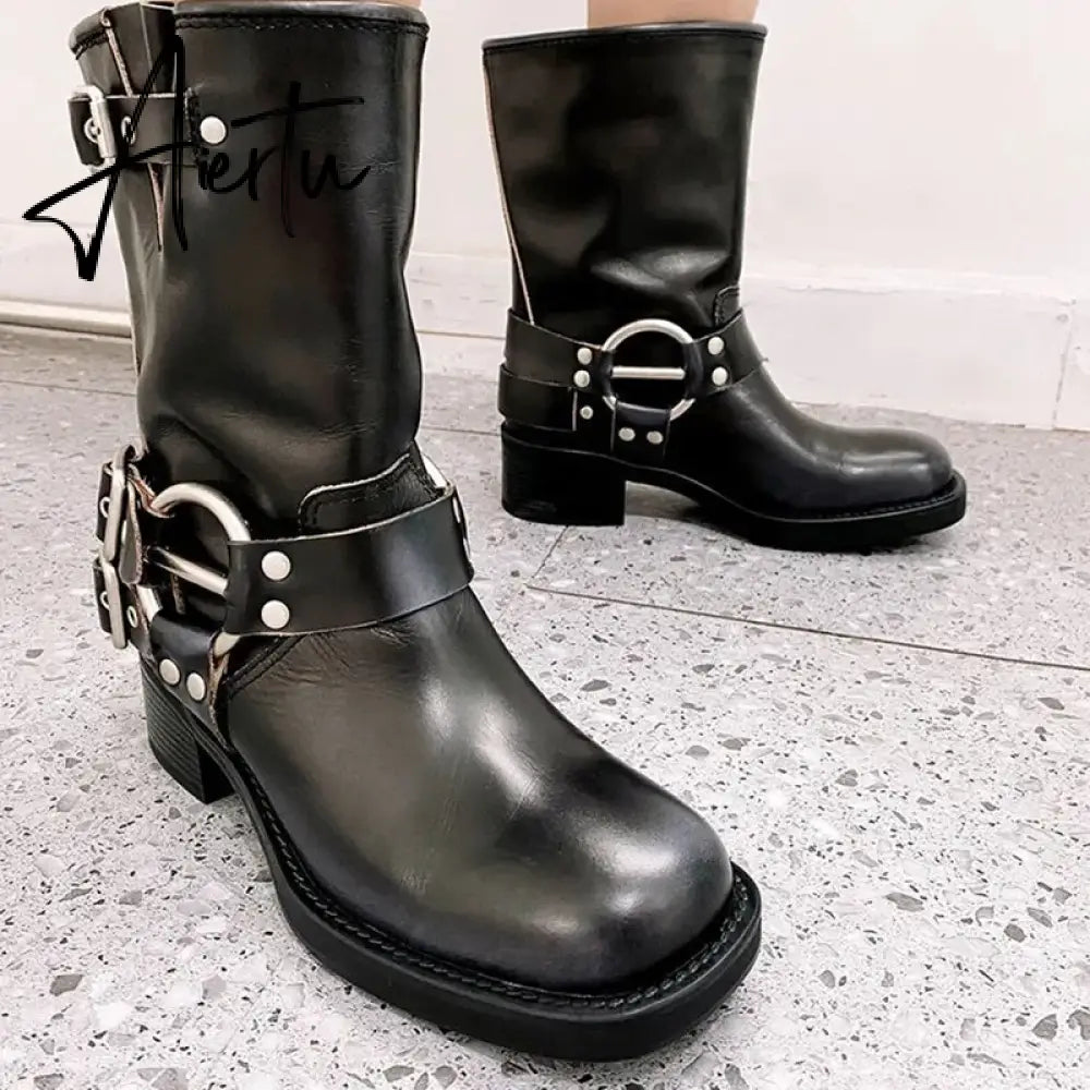 Rimocy Fashion Buckle Motorcycle Boots Women Round Toe Med Heels Ankle Boots Woman Pu Leather Square Heel Autumn Booties Aiertu