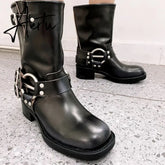 Rimocy Fashion Buckle Motorcycle Boots Women Round Toe Med Heels Ankle Boots Woman Pu Leather Square Heel Autumn Booties Aiertu