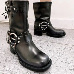 Rimocy Fashion Buckle Motorcycle Boots Women Round Toe Med Heels Ankle Boots Woman Pu Leather Square Heel Autumn Booties Aiertu