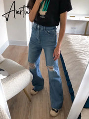 Ripped Jeans For Women Streetwear Straight Denim Pants High Waist Long Denim Trousers Women Hollow Out Jeans Aiertu