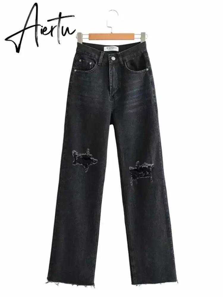 Ripped Jeans For Women Streetwear Straight Denim Pants High Waist Long Denim Trousers Women Hollow Out Jeans Aiertu