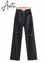 Ripped Jeans For Women Streetwear Straight Denim Pants High Waist Long Denim Trousers Women Hollow Out Jeans Aiertu