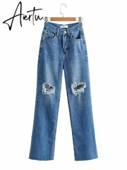 Ripped Jeans For Women Streetwear Straight Denim Pants High Waist Long Denim Trousers Women Hollow Out Jeans Aiertu