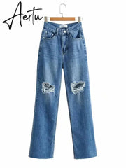 Ripped Jeans For Women Streetwear Straight Denim Pants High Waist Long Denim Trousers Women Hollow Out Jeans Aiertu
