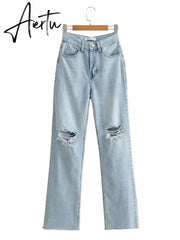 Ripped Jeans For Women Streetwear Straight Denim Pants High Waist Long Denim Trousers Women Hollow Out Jeans Aiertu