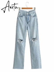Ripped Jeans For Women Streetwear Straight Denim Pants High Waist Long Denim Trousers Women Hollow Out Jeans Aiertu