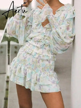 Romantic Full Lantern Sleeve Flower Print Mini Dress Woman Spliced Wood ears Ruffles Hem Elastic Package Hips Holiday Robe Aiertu