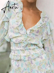 Romantic Full Lantern Sleeve Flower Print Mini Dress Woman Spliced Wood ears Ruffles Hem Elastic Package Hips Holiday Robe Aiertu