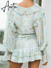 Romantic Full Lantern Sleeve Flower Print Mini Dress Woman Spliced Wood ears Ruffles Hem Elastic Package Hips Holiday Robe Aiertu
