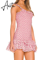 Romantic Pink Flower Print Corset Ruched Elastic Body Sling Mini Dress Woman Wood ears Ruffles Hem Package Hips Holiday Robe Aiertu