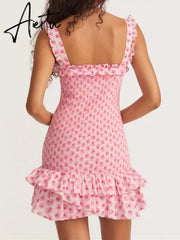 Romantic Pink Flower Print Corset Ruched Elastic Body Sling Mini Dress Woman Wood ears Ruffles Hem Package Hips Holiday Robe Aiertu