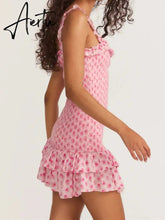 Romantic Pink Flower Print Corset Ruched Elastic Body Sling Mini Dress Woman Wood ears Ruffles Hem Package Hips Holiday Robe Aiertu