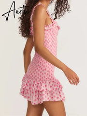 Romantic Pink Flower Print Corset Ruched Elastic Body Sling Mini Dress Woman Wood ears Ruffles Hem Package Hips Holiday Robe Aiertu