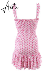 Romantic Pink Flower Print Corset Ruched Elastic Body Sling Mini Dress Woman Wood ears Ruffles Hem Package Hips Holiday Robe Aiertu