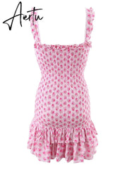 Romantic Pink Flower Print Corset Ruched Elastic Body Sling Mini Dress Woman Wood ears Ruffles Hem Package Hips Holiday Robe Aiertu