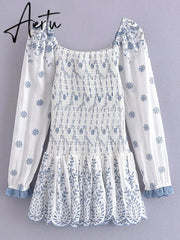 Romantic Puff Sleeve Embroidery White Blue Floral Body Elastic Ruched Mini Dress Woman Low Waist Ruffles Hem Holiday Robe Aiertu