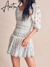 Romantic Puff Sleeve Embroidery White Blue Floral Body Elastic Ruched Mini Dress Woman Low Waist Ruffles Hem Holiday Robe Aiertu