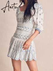 Romantic Puff Sleeve Embroidery White Blue Floral Body Elastic Ruched Mini Dress Woman Low Waist Ruffles Hem Holiday Robe Aiertu