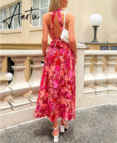 Rose Red Women Backless Tie Back Elegant Halter Sexy Summer Women Dress Thank Sundress Laides Boho Red Sleeveless Maxi Dress Aiertu
