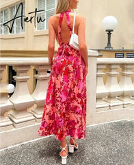 Rose Red Women Backless Tie Back Elegant Halter Sexy Summer Women Dress Thank Sundress Laides Boho Red Sleeveless Maxi Dress Aiertu