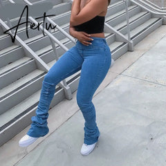 Ruched Denim Blue High Wait Stacked Pants Autumn Women Clothing Streetwear Jeans Fashion Skinny Pockets Trousers Aiertu