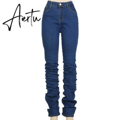 Ruched Denim Blue High Wait Stacked Pants Autumn Women Clothing Streetwear Jeans Fashion Skinny Pockets Trousers Aiertu