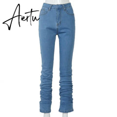 Ruched Denim Blue High Wait Stacked Pants Autumn Women Clothing Streetwear Jeans Fashion Skinny Pockets Trousers Aiertu