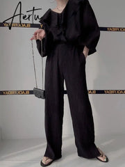 Ruffle Spliced V-neck Shirt + High Waist Wide Leg Pants Set Female Autumn New Women Solid Loose Two-piece 16T577 Aiertu