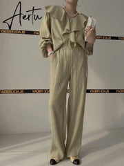 Ruffle Spliced V-neck Shirt + High Waist Wide Leg Pants Set Female Autumn New Women Solid Loose Two-piece 16T577 Aiertu