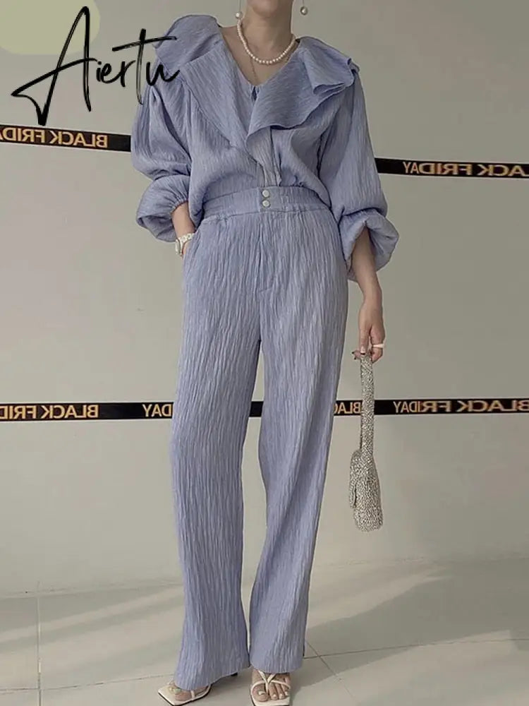Ruffle Spliced V-neck Shirt + High Waist Wide Leg Pants Set Female Autumn New Women Solid Loose Two-piece 16T577 Aiertu