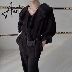 Ruffle Spliced V-neck Shirt + High Waist Wide Leg Pants Set Female Autumn New Women Solid Loose Two-piece 16T577 Aiertu