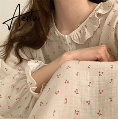 Ruffles Sleep Dress Women Long Sleeve Kawaii Cherry Print Korean Sleepwear Homewear Long Dress Autumn Elegant Casual Loose Aiertu
