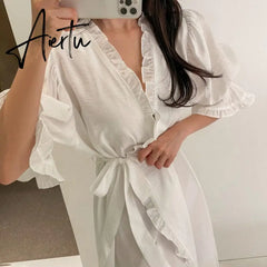 Ruffles Summer Nightgown Blue White Elegant Long Sleepwear Sweet Korean Cotton Home Clothes Homewear Lace Up Puff Sleeve Aiertu