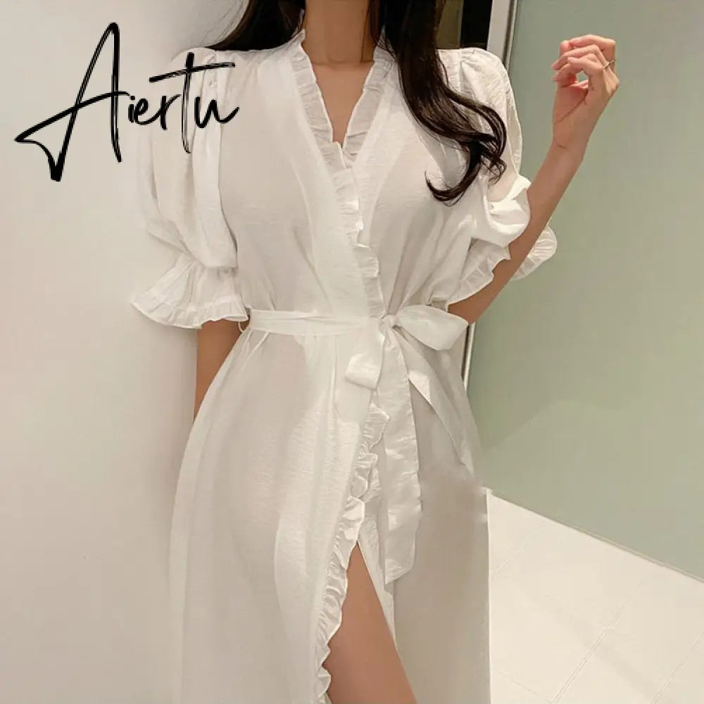 Ruffles Summer Nightgown Blue White Elegant Long Sleepwear Sweet Korean Cotton Home Clothes Homewear Lace Up Puff Sleeve Aiertu