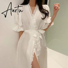 Ruffles Summer Nightgown Blue White Elegant Long Sleepwear Sweet Korean Cotton Home Clothes Homewear Lace Up Puff Sleeve Aiertu
